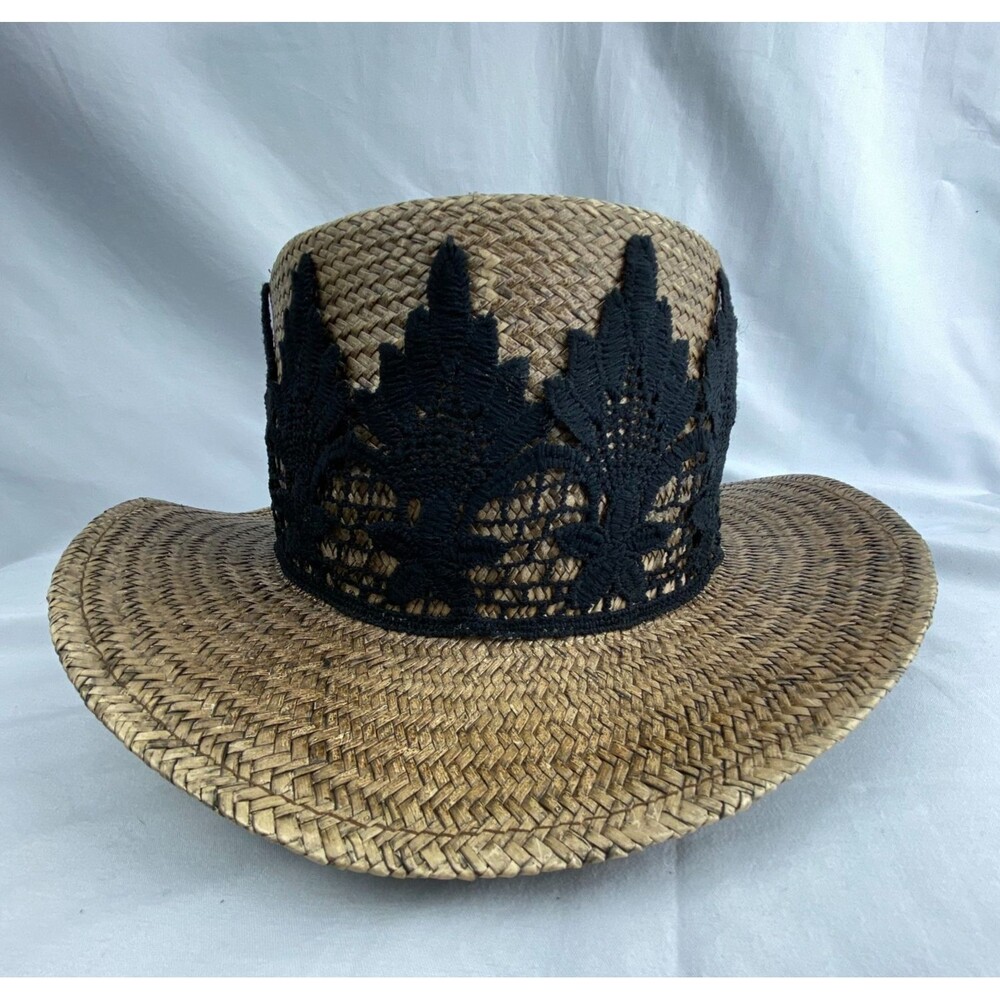 Peter Grimm Hat Women Brown 100% Straw‎ Black Lace Trim Cottagecore Boho